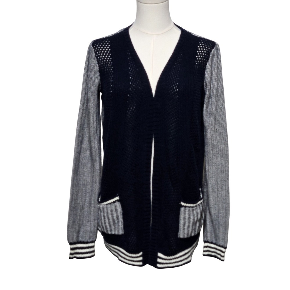Skies Are Blue Womens Medium Open Front Cardigan Navy Gray Knit Sweater Pockets